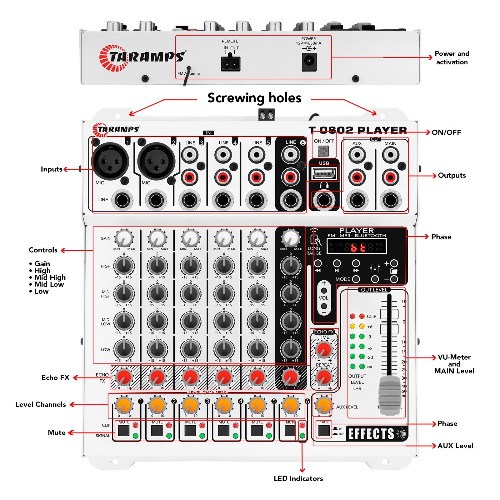 Taramps Audio Mixer T0602 Player 6 Input Channel 2 Output Remote Control USB FM MP3 DJ Mixer Bluetooth Equalizer Effect Echo FX