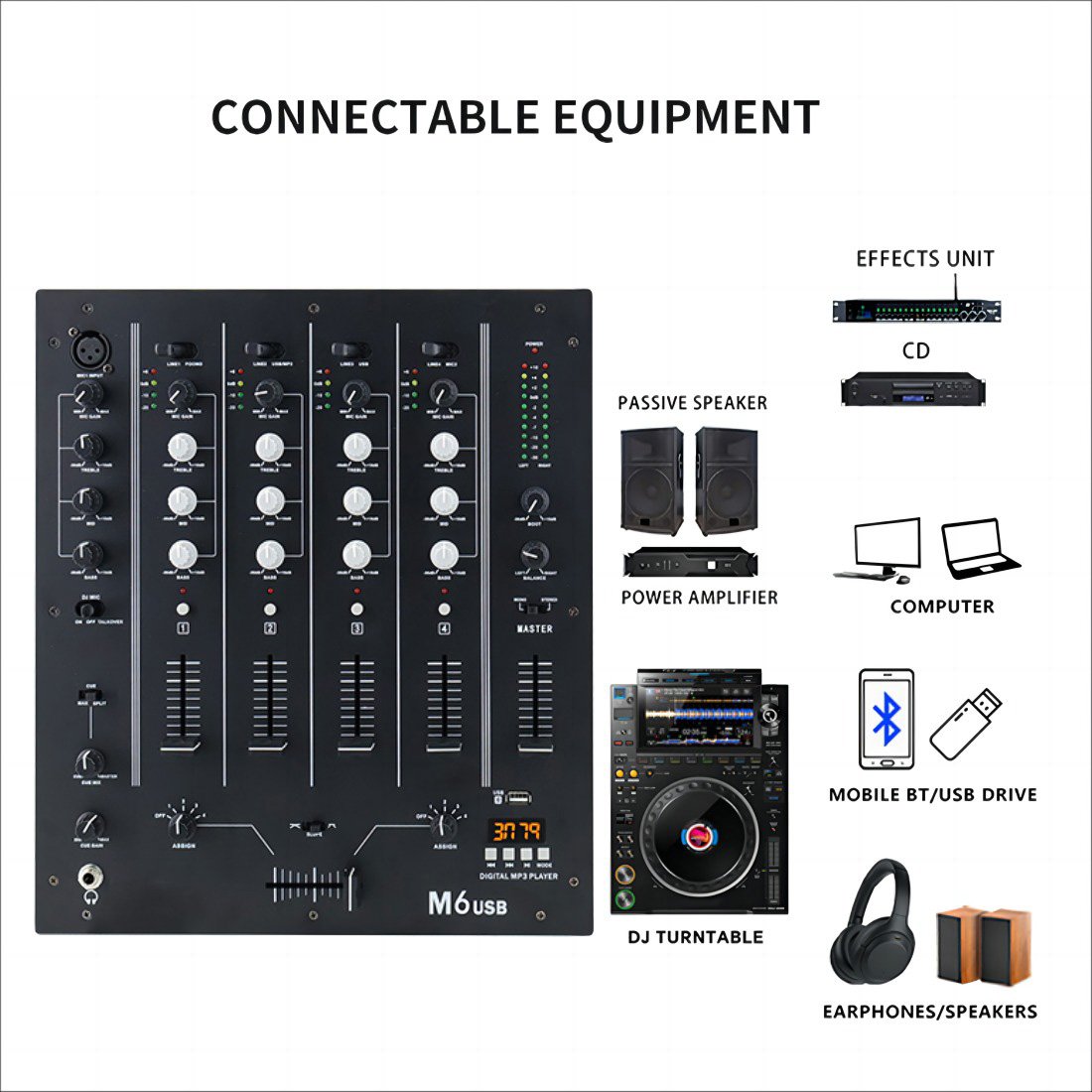 M4 USB Digital Sound Mixing Console Professional 4-channel DJ Mixer With USB SD LCD 3 channel dj mixer controller