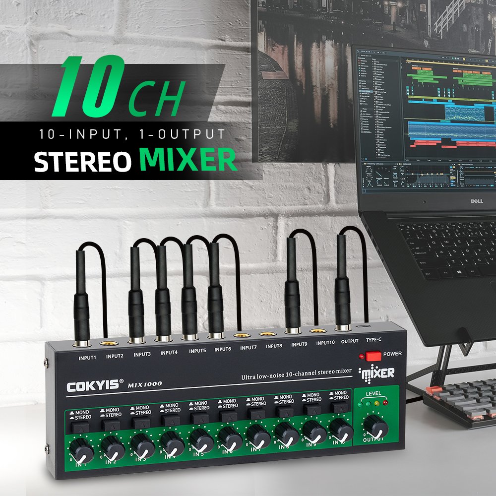10 Channel Stereo Audio Mixer 6.35mm TRS/TS Input Interface Mini Sound Card Mixer Audio Processor with TYPE-C 5V Power Supply