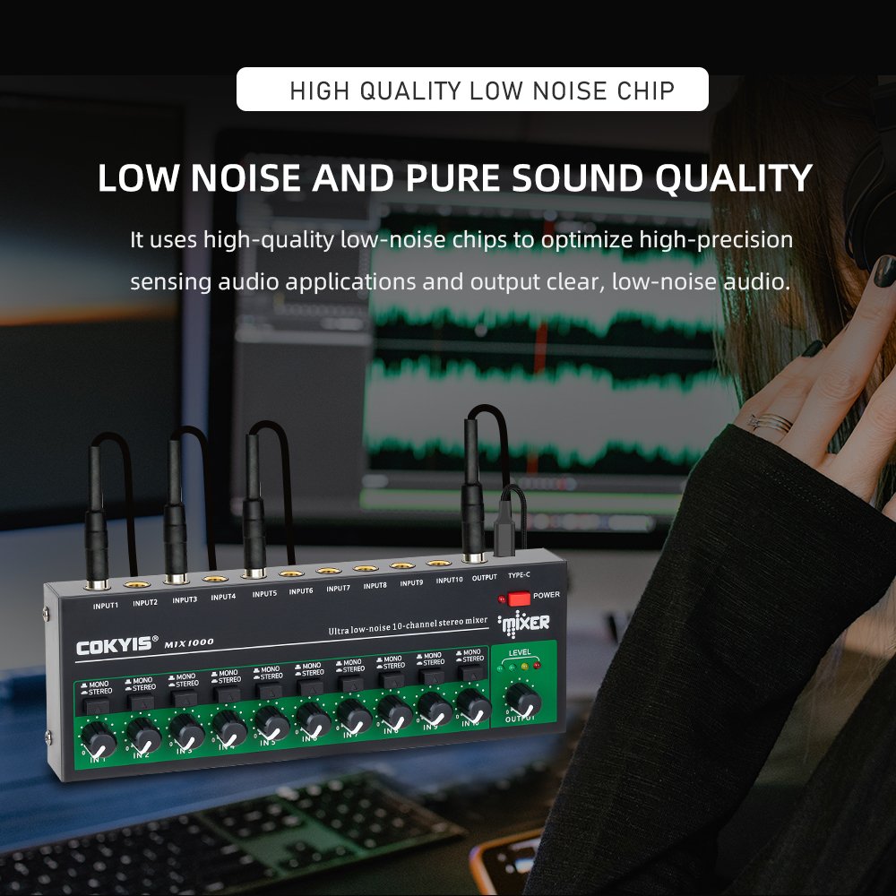 10 Channel Stereo Audio Mixer 6.35mm TRS/TS Input Interface Mini Sound Card Mixer Audio Processor with TYPE-C 5V Power Supply