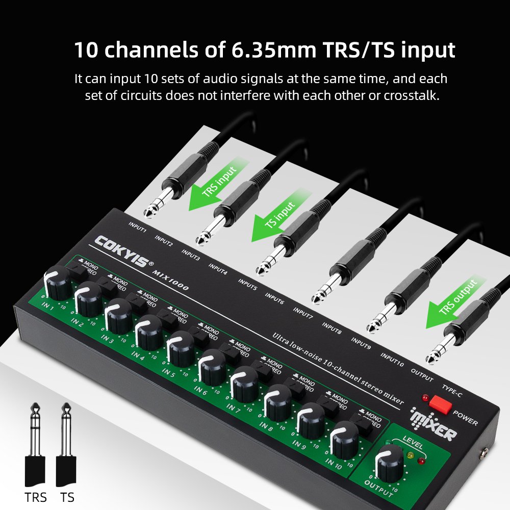 10 Channel Stereo Audio Mixer 6.35mm TRS/TS Input Interface Mini Sound Card Mixer Audio Processor with TYPE-C 5V Power Supply