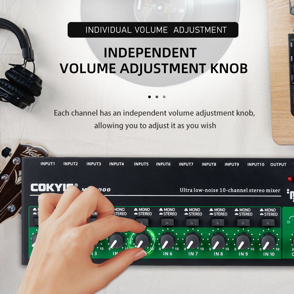 10 Channel Stereo Audio Mixer 6.35mm TRS/TS Input Interface Mini Sound Card Mixer Audio Processor with TYPE-C 5V Power Supply