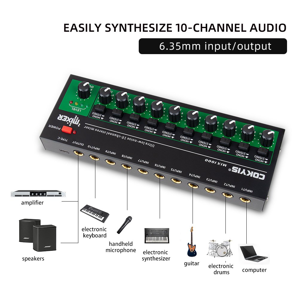 10 Channel Stereo Audio Mixer 6.35mm TRS/TS Input Interface Mini Sound Card Mixer Audio Processor with TYPE-C 5V Power Supply