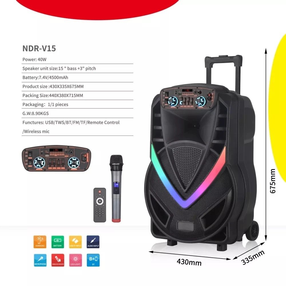 Dual 15 Inch Trolley Speaker Active Portable Sound Equipment LED Light BT Outdoor Party DJ High Powerful Speaker With Mic