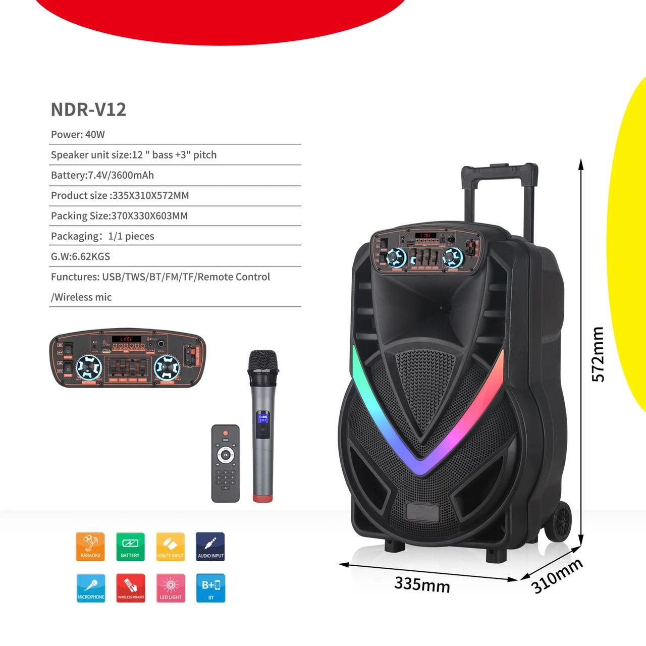 Dual 15 Inch Trolley Speaker Active Portable Sound Equipment LED Light BT Outdoor Party DJ High Powerful Speaker With Mic