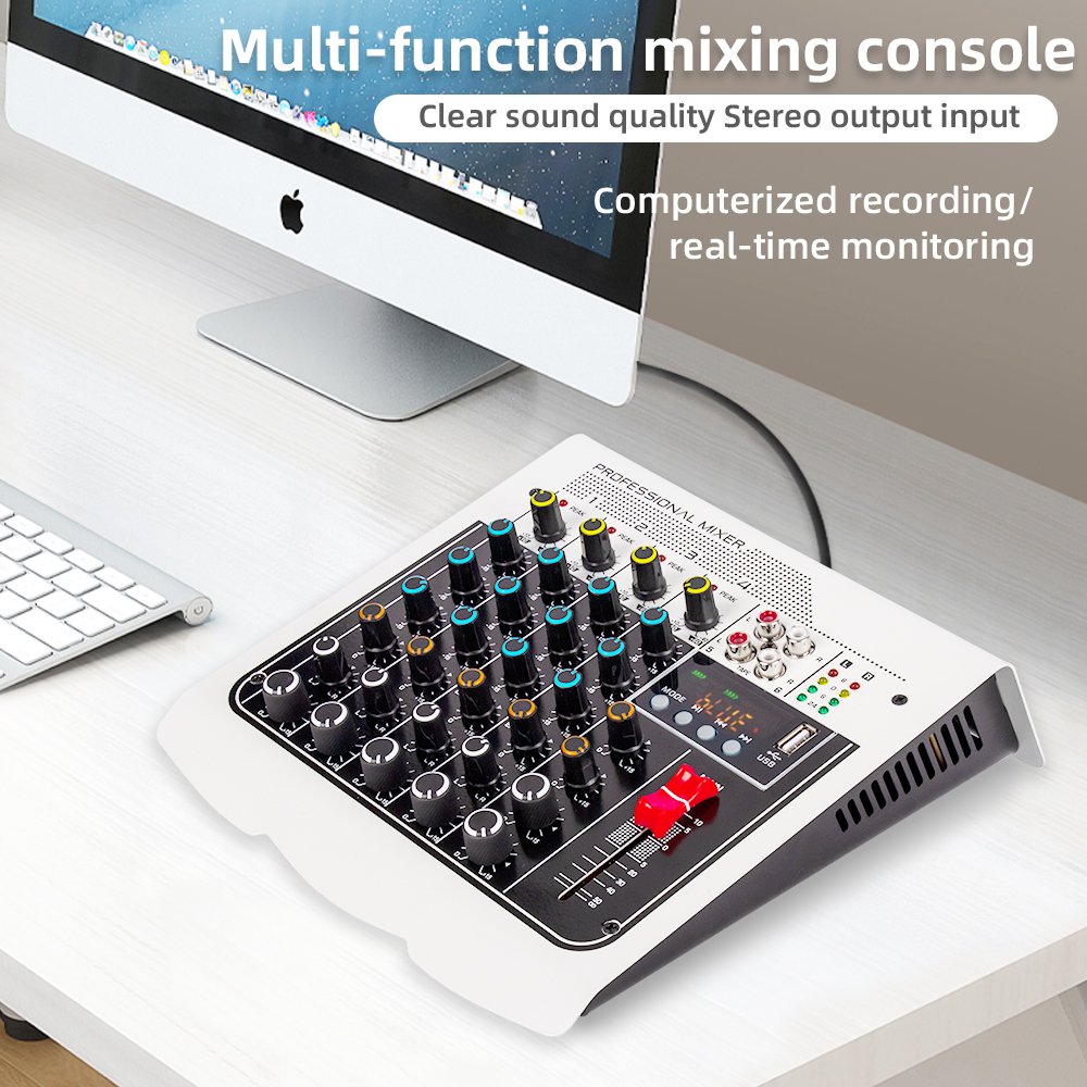 Professional 48V Phantom Power Mixing Console 4 Channel with Bluetooth USB Recording Delay Effect DJ Sound Card Mixer