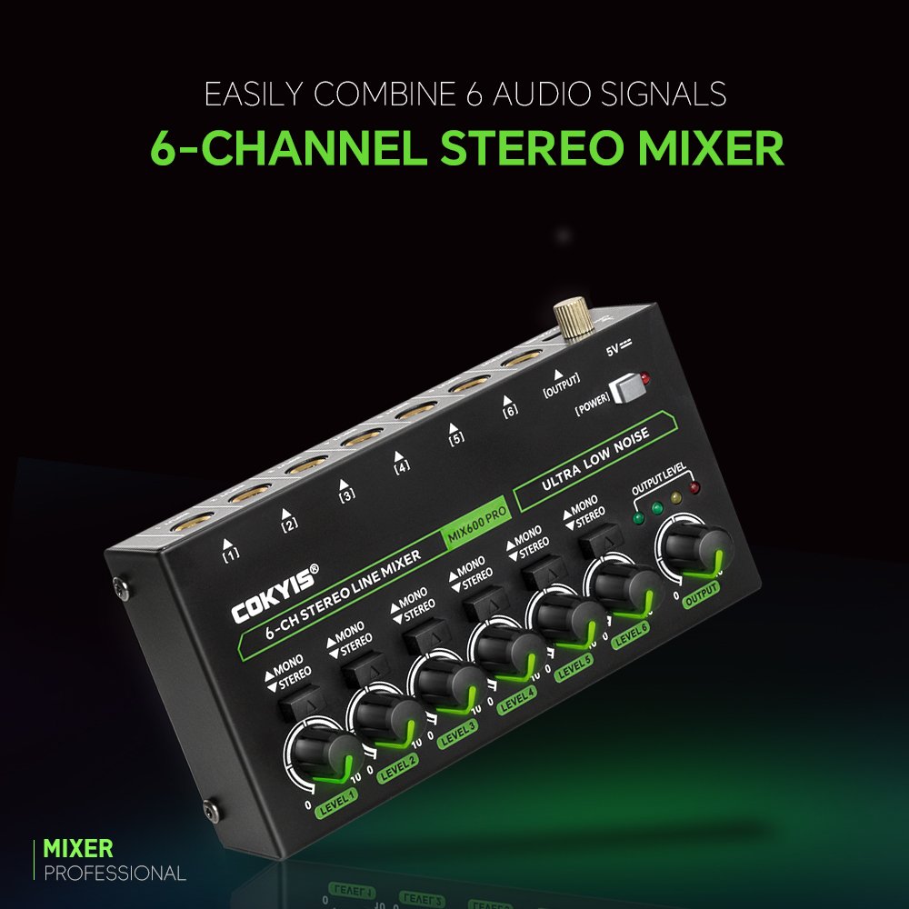 MIX600 Mini Sound Card Audio Console Mixer with Multi-Channel 6.35mm Audio Input Interface 6 Channel RGB Stereo Line Mixer