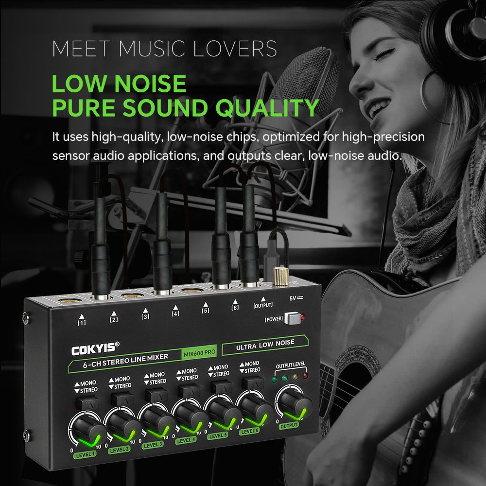MIX600 Mini Sound Card Audio Console Mixer with Multi-Channel 6.35mm Audio Input Interface 6 Channel RGB Stereo Line Mixer