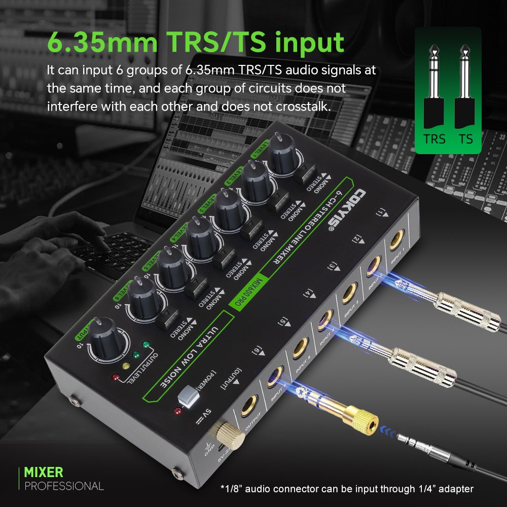 MIX600 Mini Sound Card Audio Console Mixer with Multi-Channel 6.35mm Audio Input Interface 6 Channel RGB Stereo Line Mixer