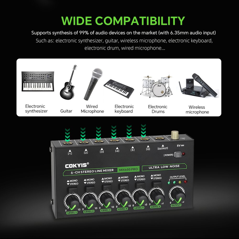 MIX600 Mini Sound Card Audio Console Mixer with Multi-Channel 6.35mm Audio Input Interface 6 Channel RGB Stereo Line Mixer