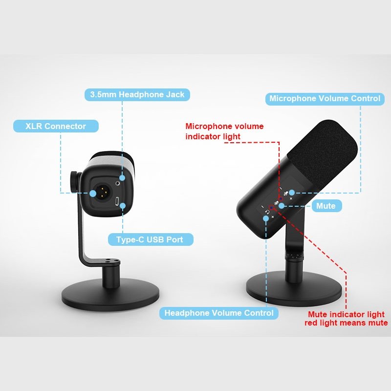 PD10 Dynamic Microphone XLR USB Dual Mode Podcast Equipment EQ Control For Podcast Gaming Streaming Professional XLR Microphone