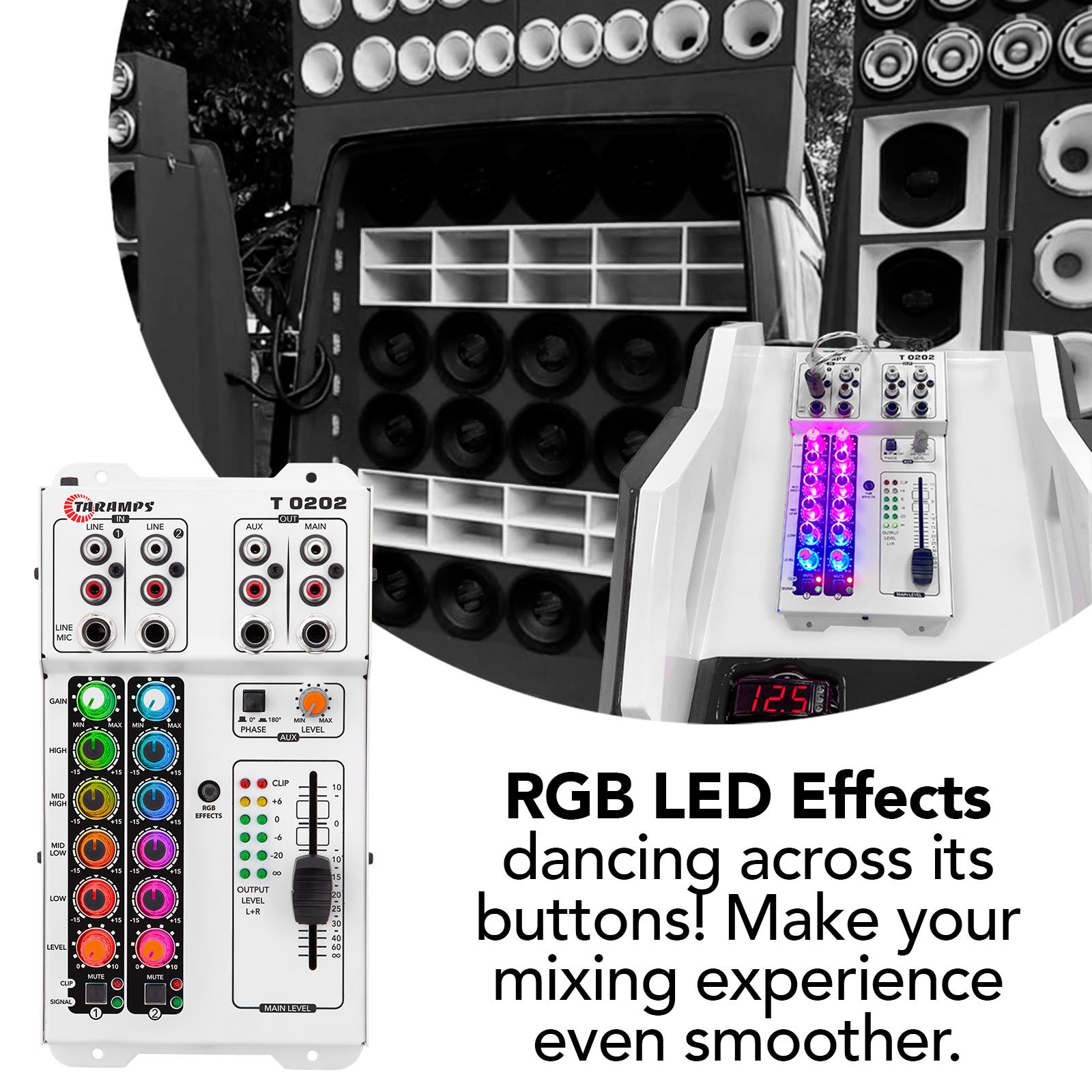 Taramps Audio Mixer T0202 Multicolor 80 RGB LED and VU Effects 4 Band Equalizer 2 Input Channels Mixing MIC Musical Instruments