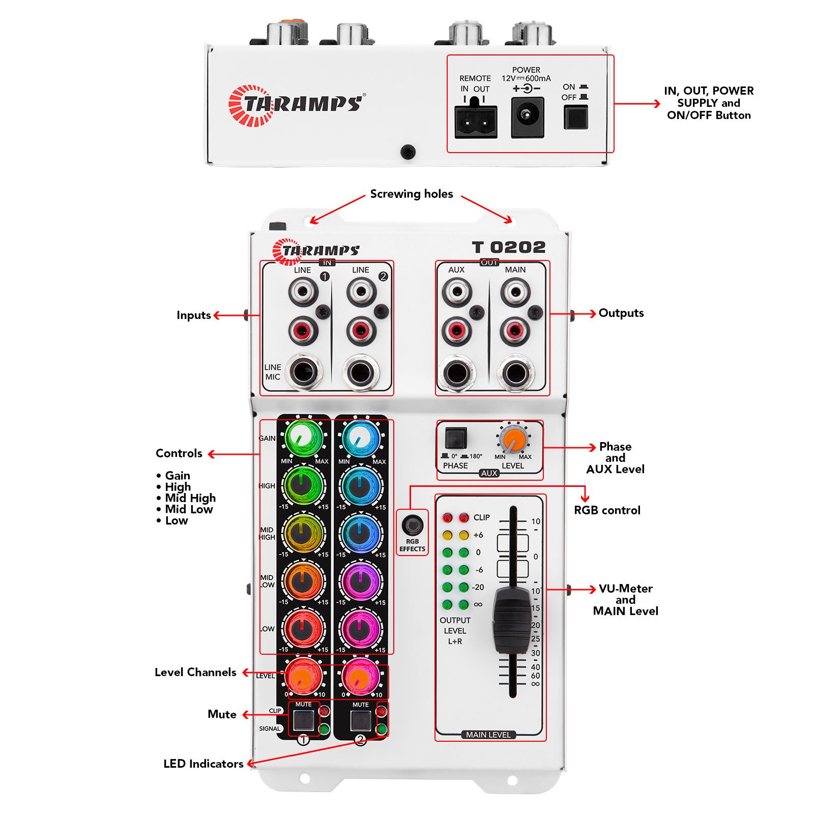 Taramps Audio Mixer T0202 Multicolor 80 RGB LED and VU Effects 4 Band Equalizer 2 Input Channels Mixing MIC Musical Instruments