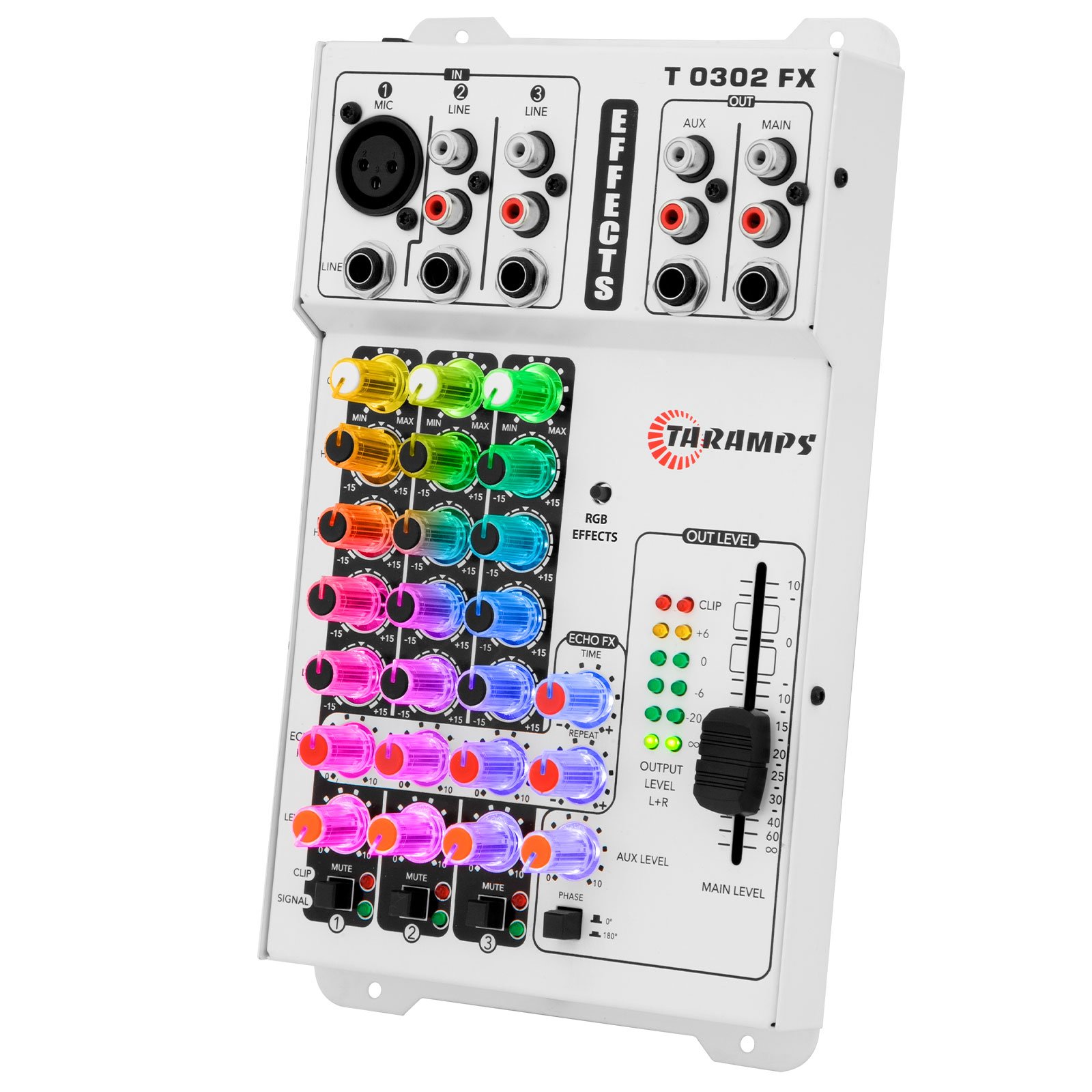 Taramps T0302 FX Multicolor Professional Audio Mixer 69 RGB LED and VU Effects 4 Band Equalizer Echo FX 3 Input Channels Sound