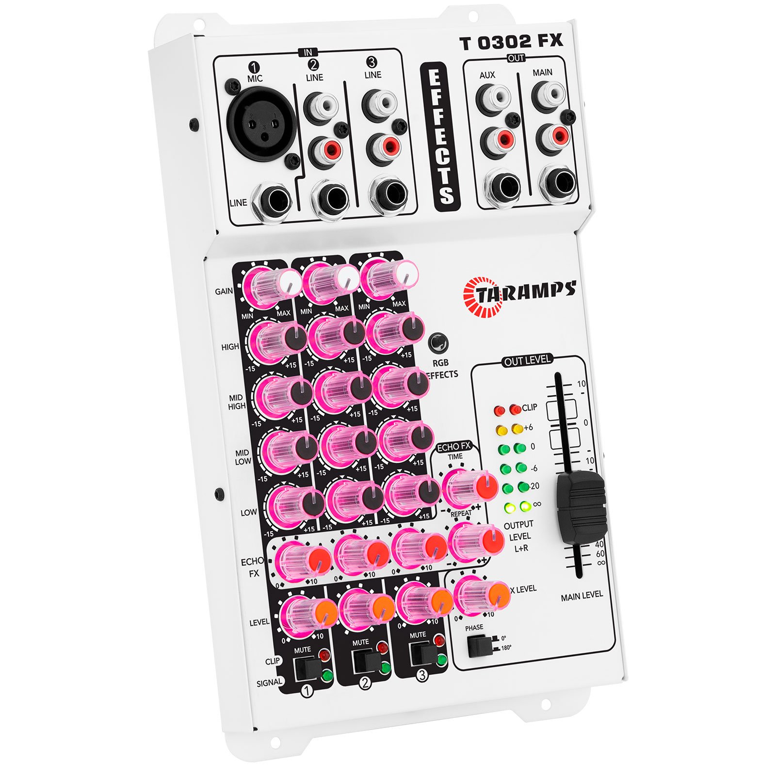 Taramps T0302 FX Multicolor Professional Audio Mixer 69 RGB LED and VU Effects 4 Band Equalizer Echo FX 3 Input Channels Sound