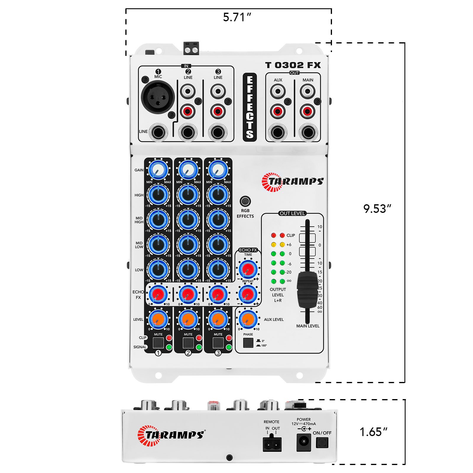 Taramps T0302 FX Multicolor Professional Audio Mixer 69 RGB LED and VU Effects 4 Band Equalizer Echo FX 3 Input Channels Sound