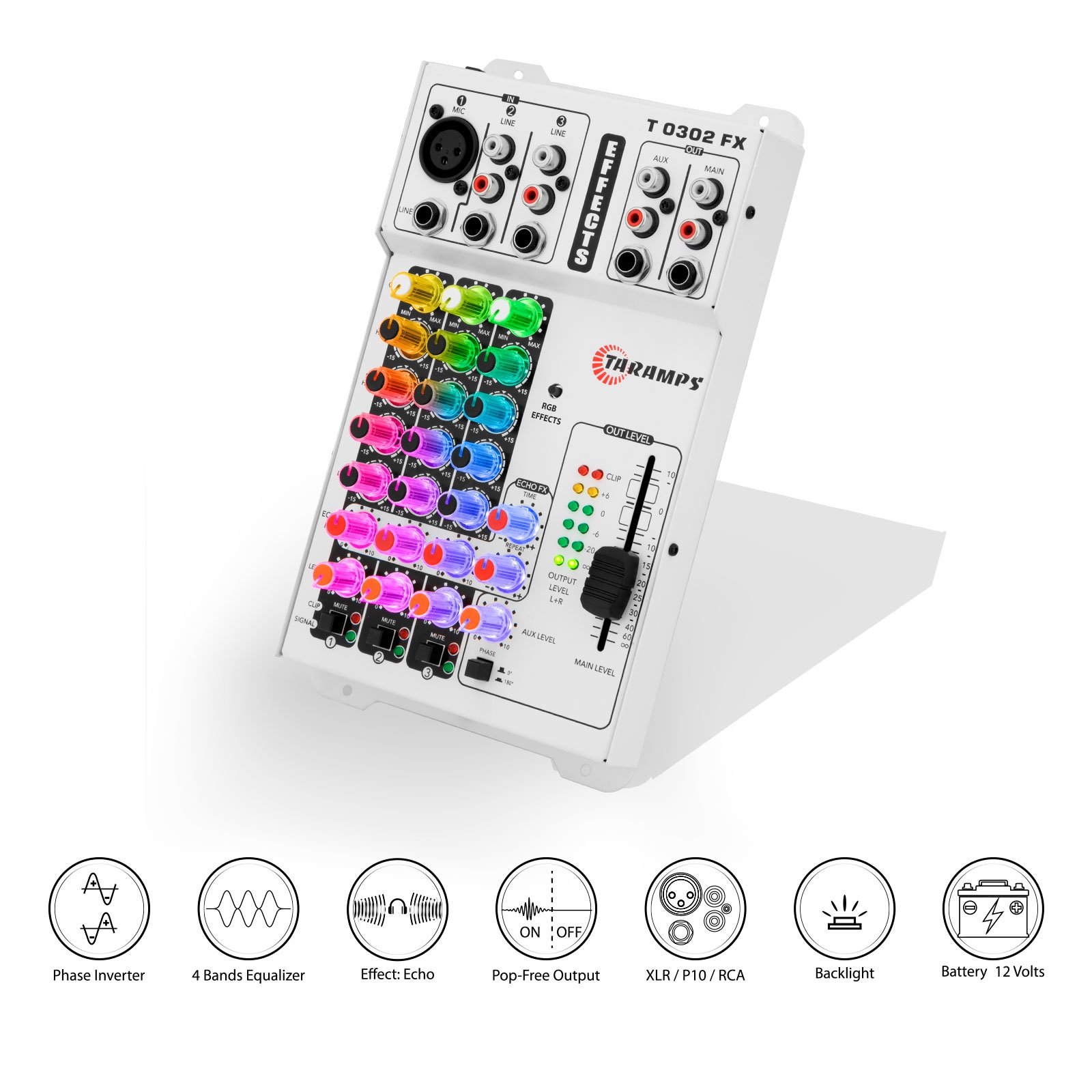Taramps T0302 FX Multicolor Professional Audio Mixer 69 RGB LED and VU Effects 4 Band Equalizer Echo FX 3 Input Channels Sound