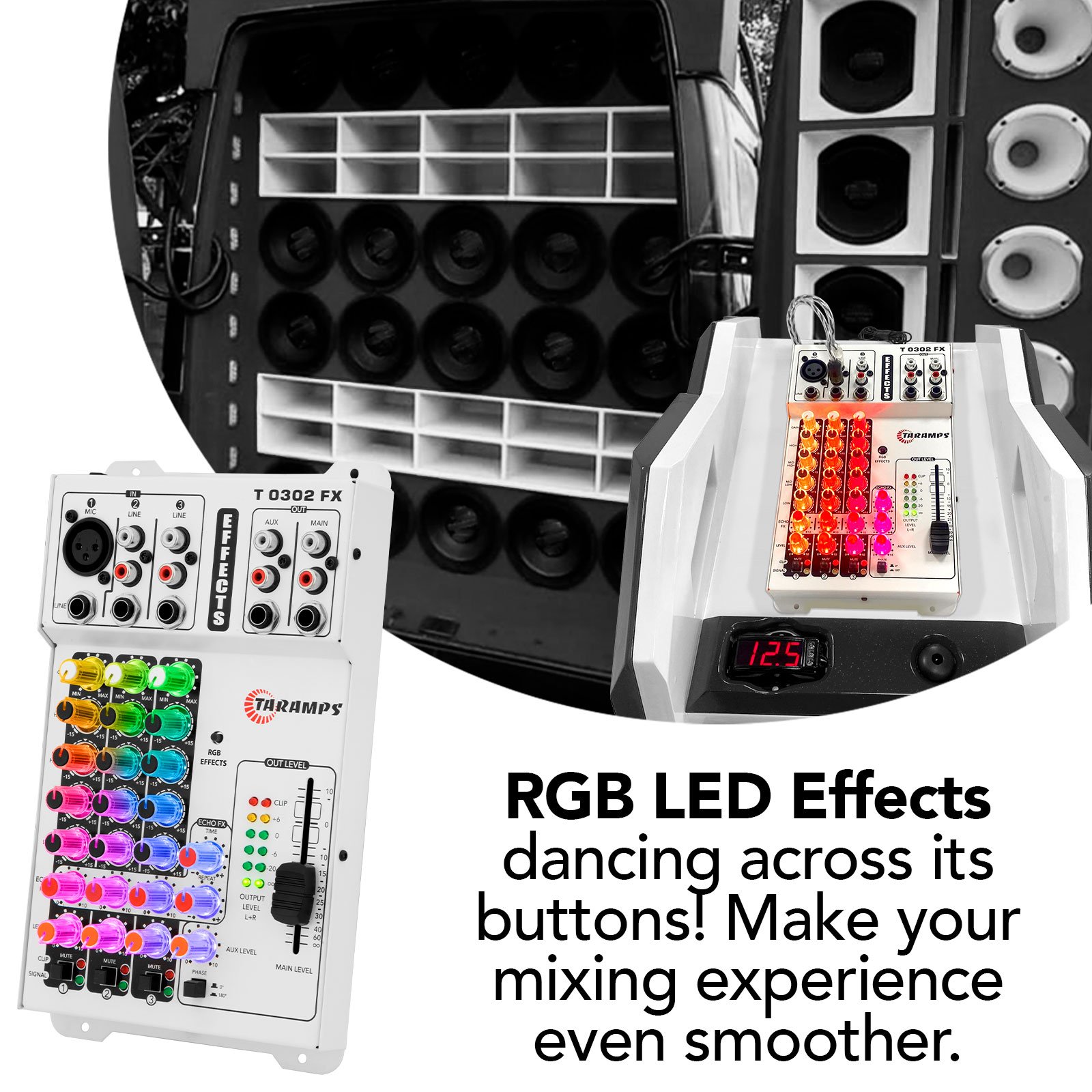 Taramps T0302 FX Multicolor Professional Audio Mixer 69 RGB LED and VU Effects 4 Band Equalizer Echo FX 3 Input Channels Sound