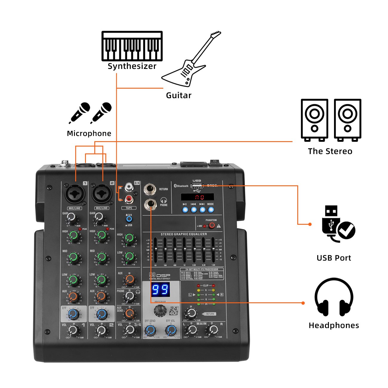 Depusheng B4 Professional Portable Built In 99 DSP Digital 4 Channel Audio Mixer for Computer Recording