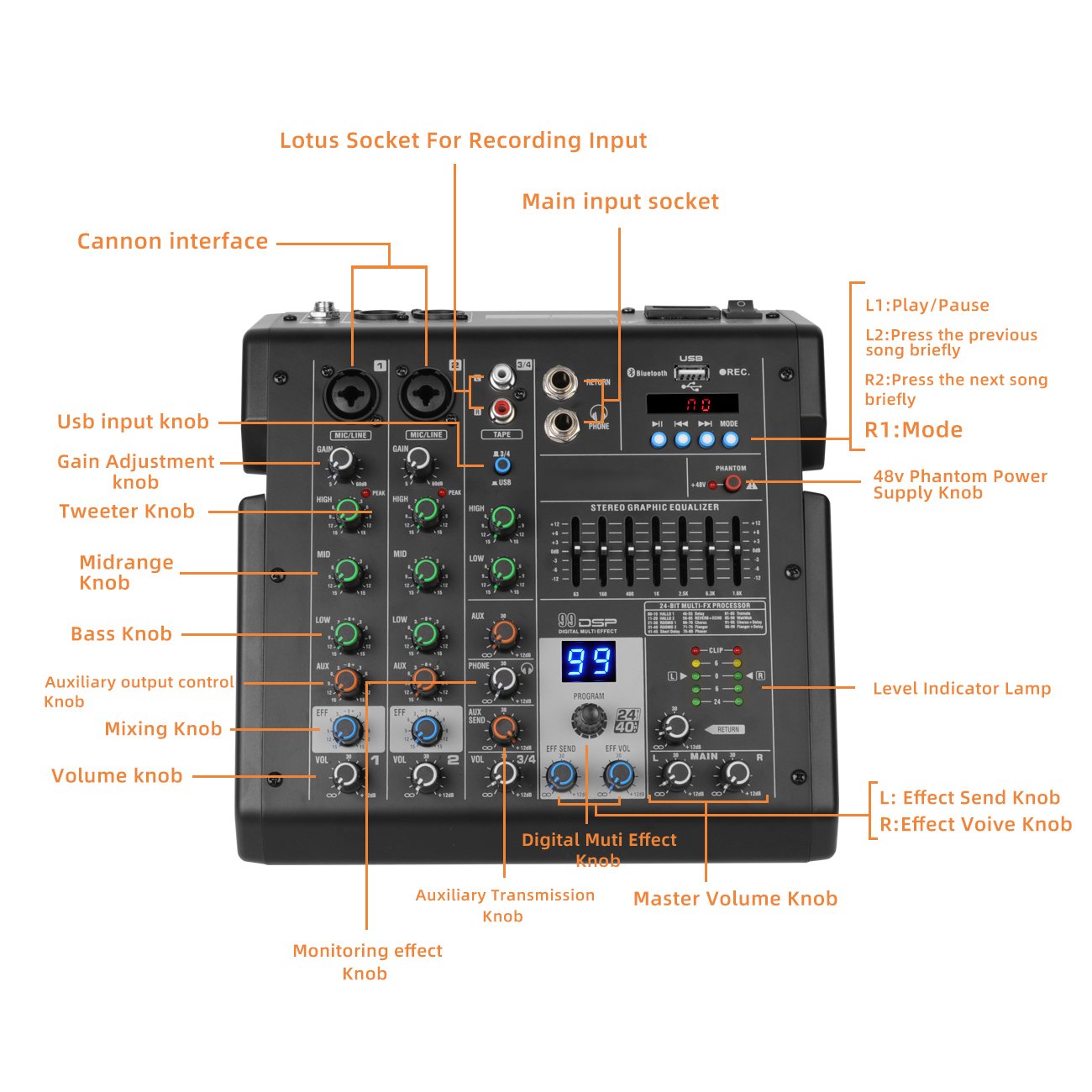 Depusheng B4 Professional Portable Built In 99 DSP Digital 4 Channel Audio Mixer for Computer Recording
