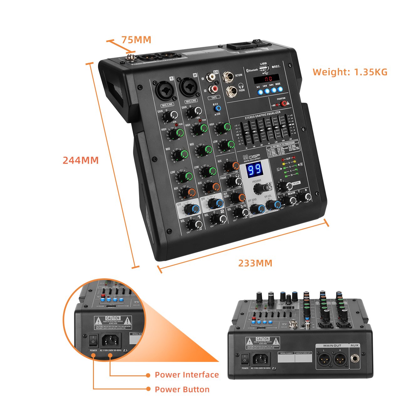 Depusheng B4 Professional Portable Built In 99 DSP Digital 4 Channel Audio Mixer for Computer Recording