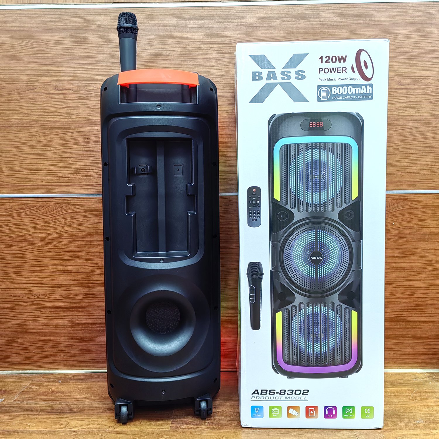 ABS-8301/8302 Treble 8 inch Outdoor with display Wireless loud BT Speaker radio RGB light stereo tweeter karaoke speaker