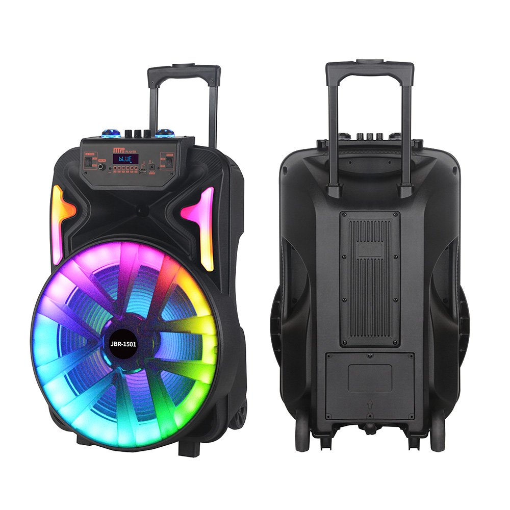 JBR-1501 15 inch Outdoor Portable Wireless Blue-tooth Karaoke Speaker With 2 Mic RGB Light Stereo HIFI Bass BT Trolley Speaker