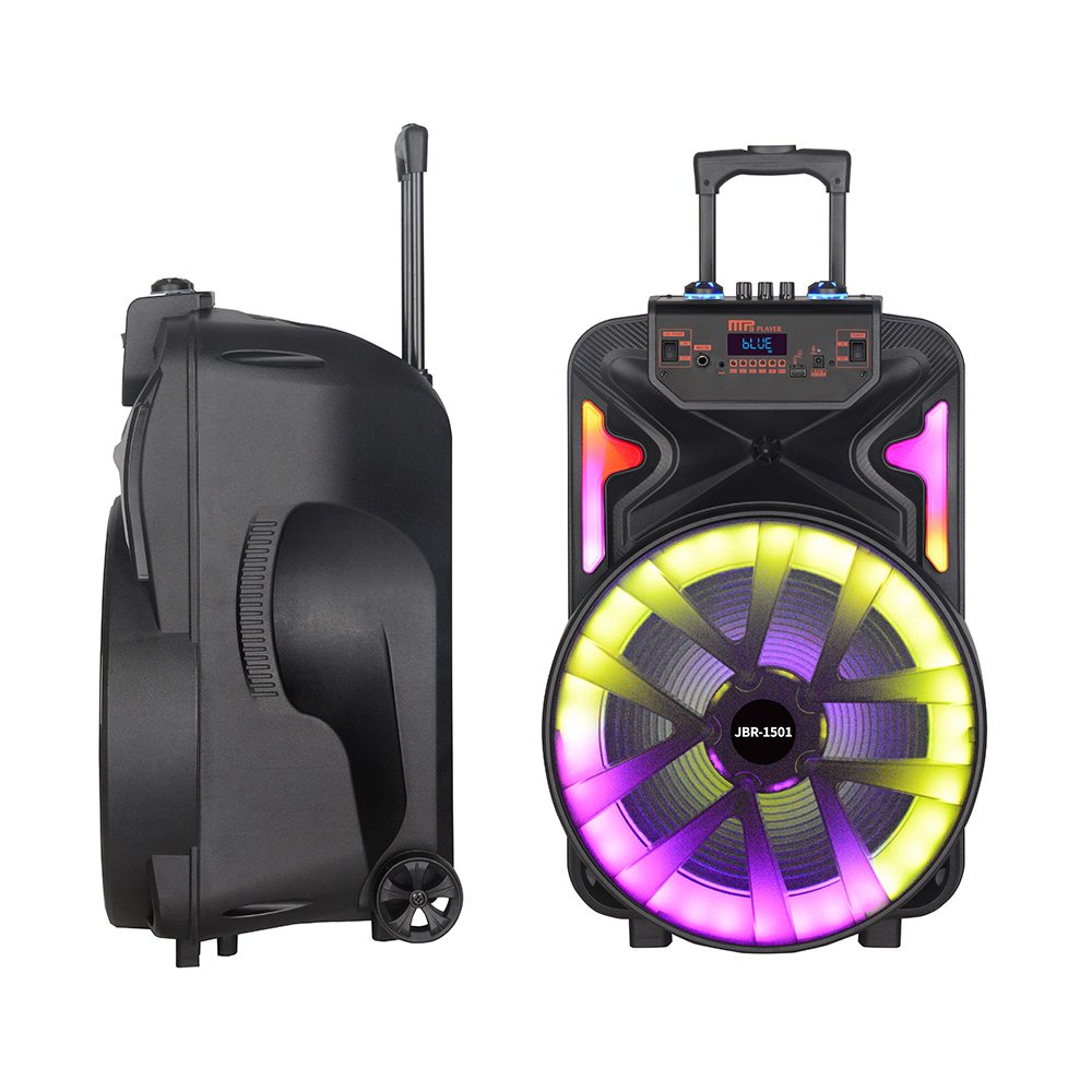 JBR-1501 15 inch Outdoor Portable Wireless Blue-tooth Karaoke Speaker With 2 Mic RGB Light Stereo HIFI Bass BT Trolley Speaker