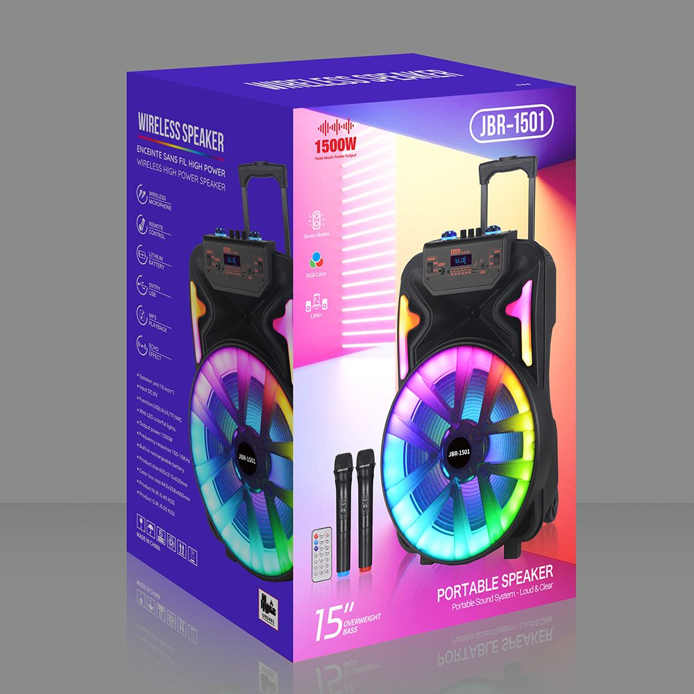 JBR-1501 15 inch Outdoor Portable Wireless Blue-tooth Karaoke Speaker With 2 Mic RGB Light Stereo HIFI Bass BT Trolley Speaker