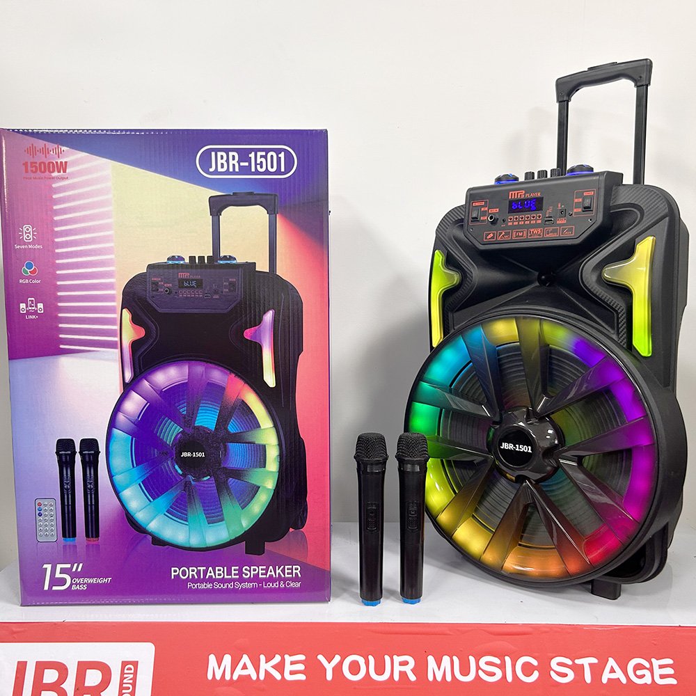 JBR-1501 15 inch Outdoor Portable Wireless Blue-tooth Karaoke Speaker With 2 Mic RGB Light Stereo HIFI Bass BT Trolley Speaker