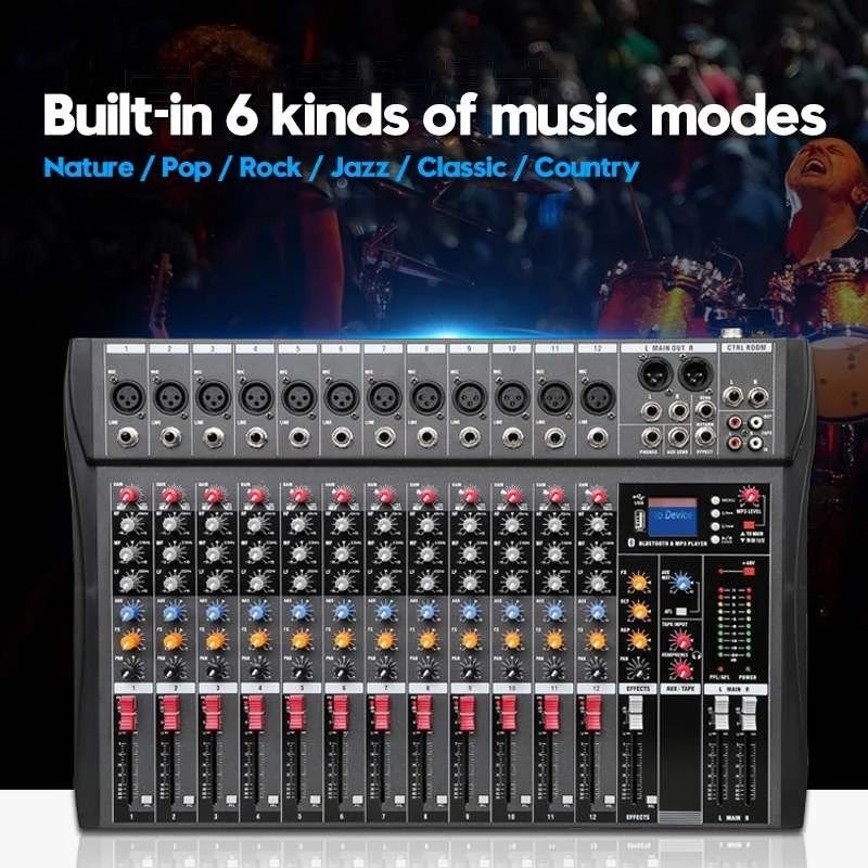 COKYIS Cheap Price 12 Channel Stereo Sound Mixer, USB Bluetooth Recording MP3 Soundboard DJ Controller Audio Console Mixer
