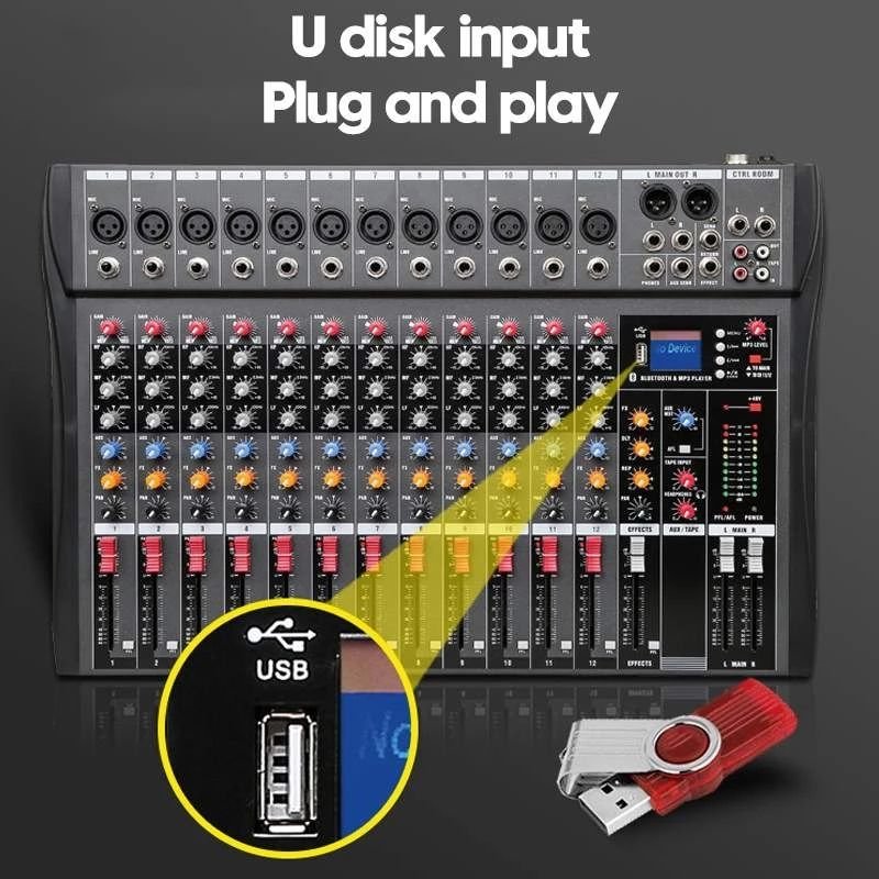 COKYIS Cheap Price 12 Channel Stereo Sound Mixer, USB Bluetooth Recording MP3 Soundboard DJ Controller Audio Console Mixer