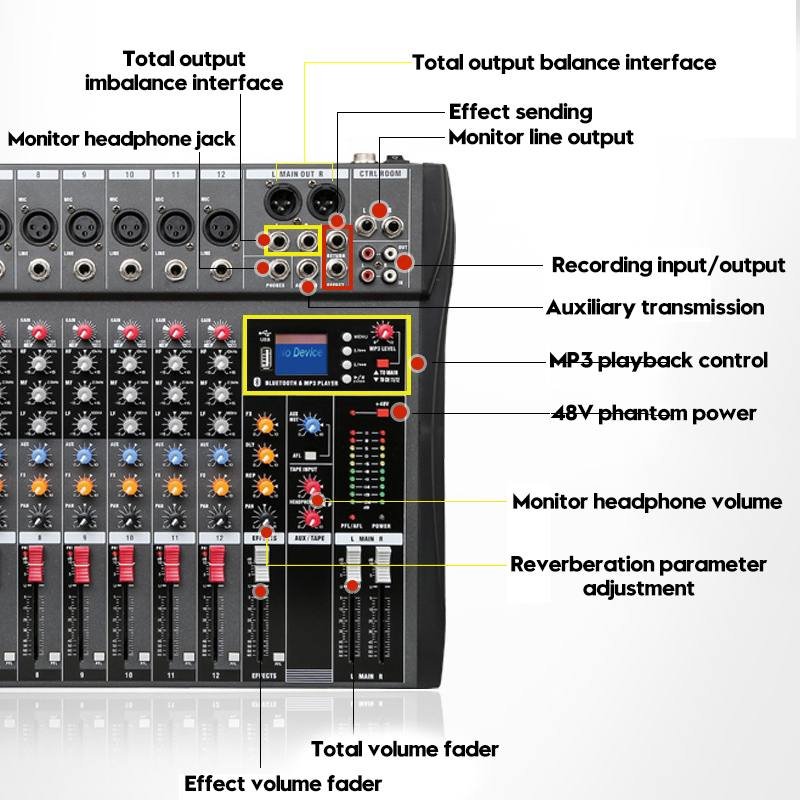 COKYIS Cheap Price 12 Channel Stereo Sound Mixer, USB Bluetooth Recording MP3 Soundboard DJ Controller Audio Console Mixer