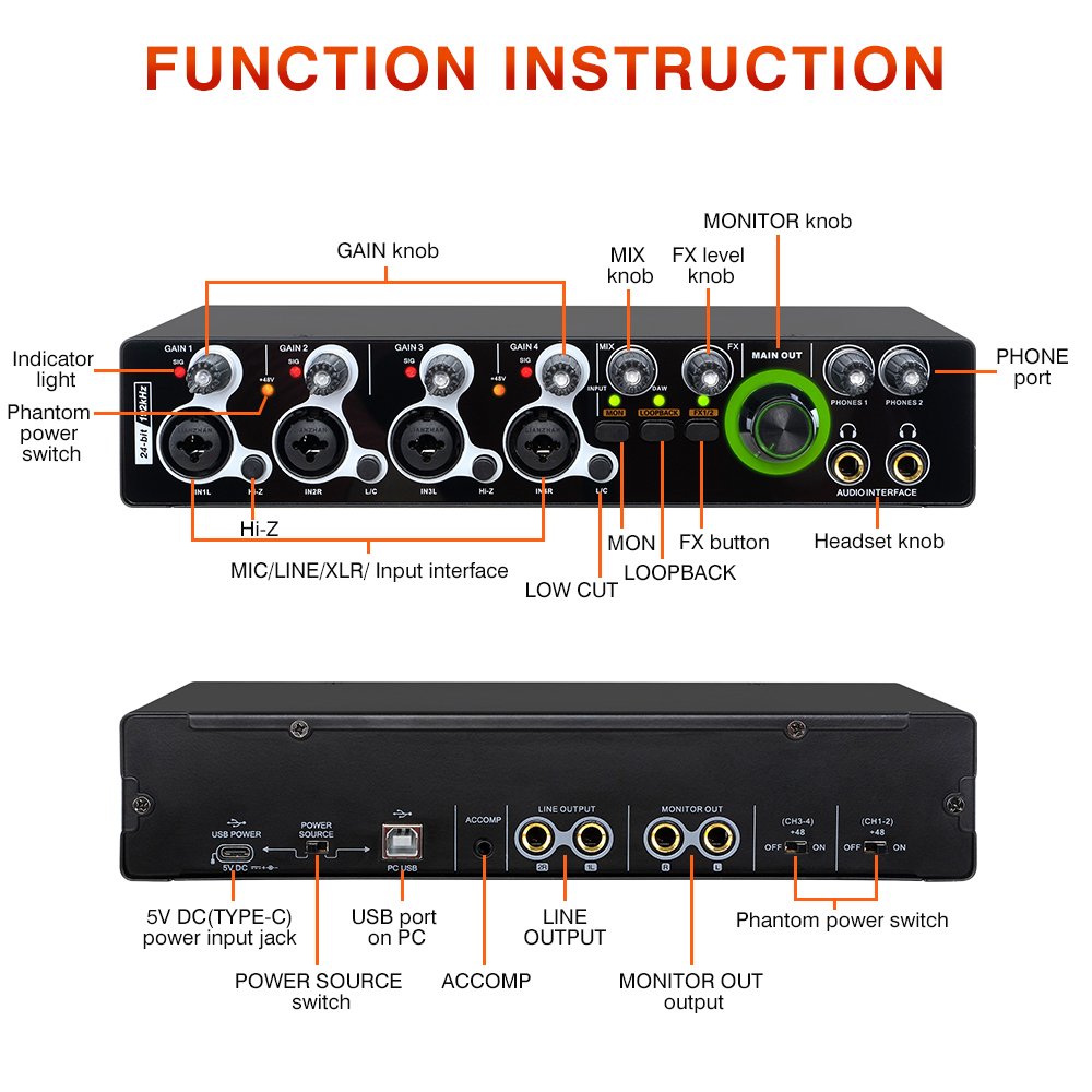 GPUB MD404 Hot selling 4 Channels Professional 24bit 192kHz studio de audio sound card usb audio interface for live recording