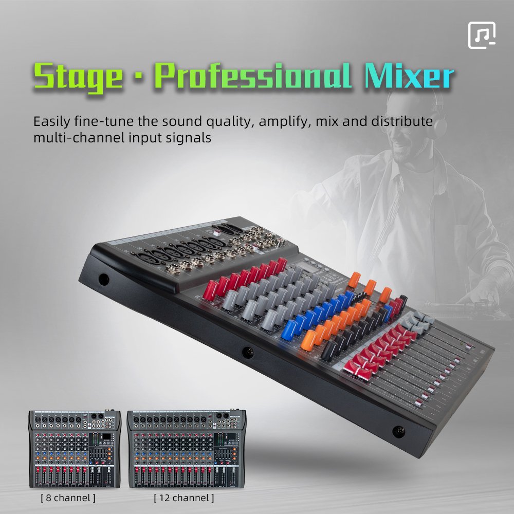 Outdoor stage DJ mixer stereo sound console 8 channels 48V phantom power bluetooth USB computer playback recording board