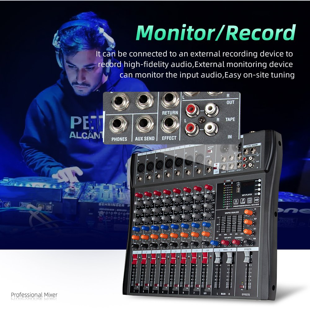 Outdoor stage DJ mixer stereo sound console 8 channels 48V phantom power bluetooth USB computer playback recording board