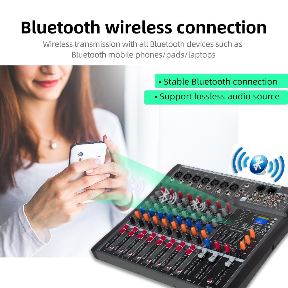 Outdoor stage DJ mixer stereo sound console 8 channels 48V phantom power bluetooth USB computer playback recording board