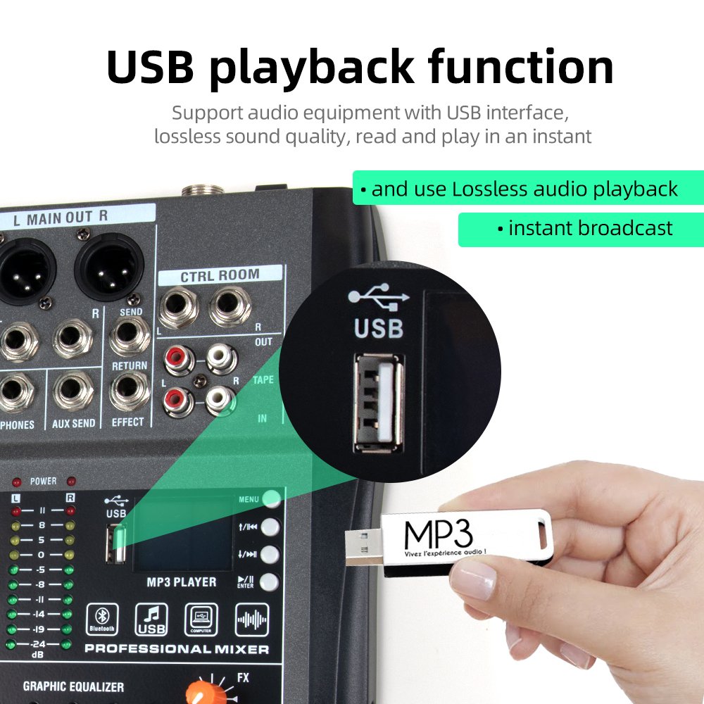 Outdoor stage DJ mixer stereo sound console 8 channels 48V phantom power bluetooth USB computer playback recording board