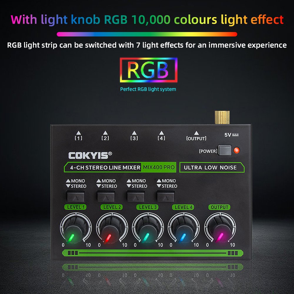 Professional RGB 4 Channel Stereo Line Mixer Sound Card Mixer for Studio Karaoke Live Monitor DJ Console Mixer