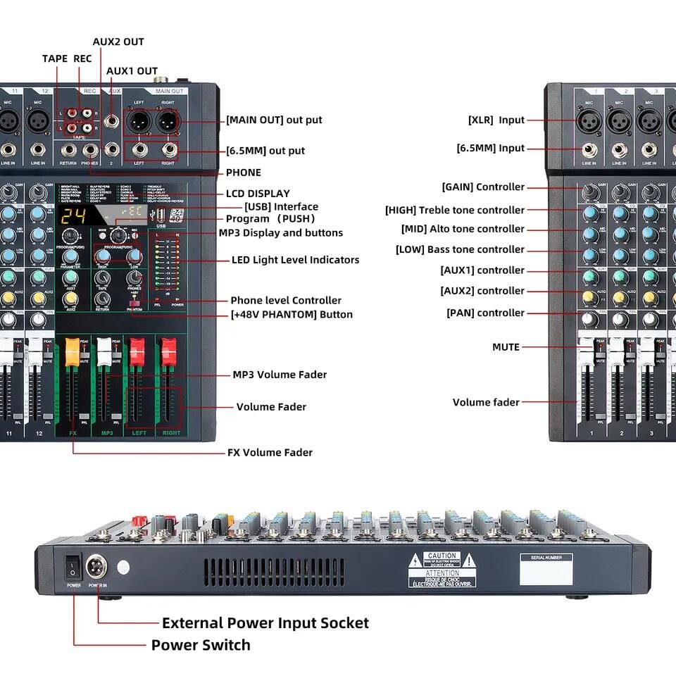 OEM FG12 Professional Sound Card Recording Interface Audio Mixer 12 Channel Audio Mixer For Stage Performance
