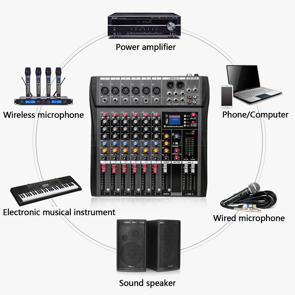 Small 6 Channel Sound Card Mixer Studio DJ Console Audio Mixer,USB Bluetooth MP3 Karaoke Stage Audio Equipment