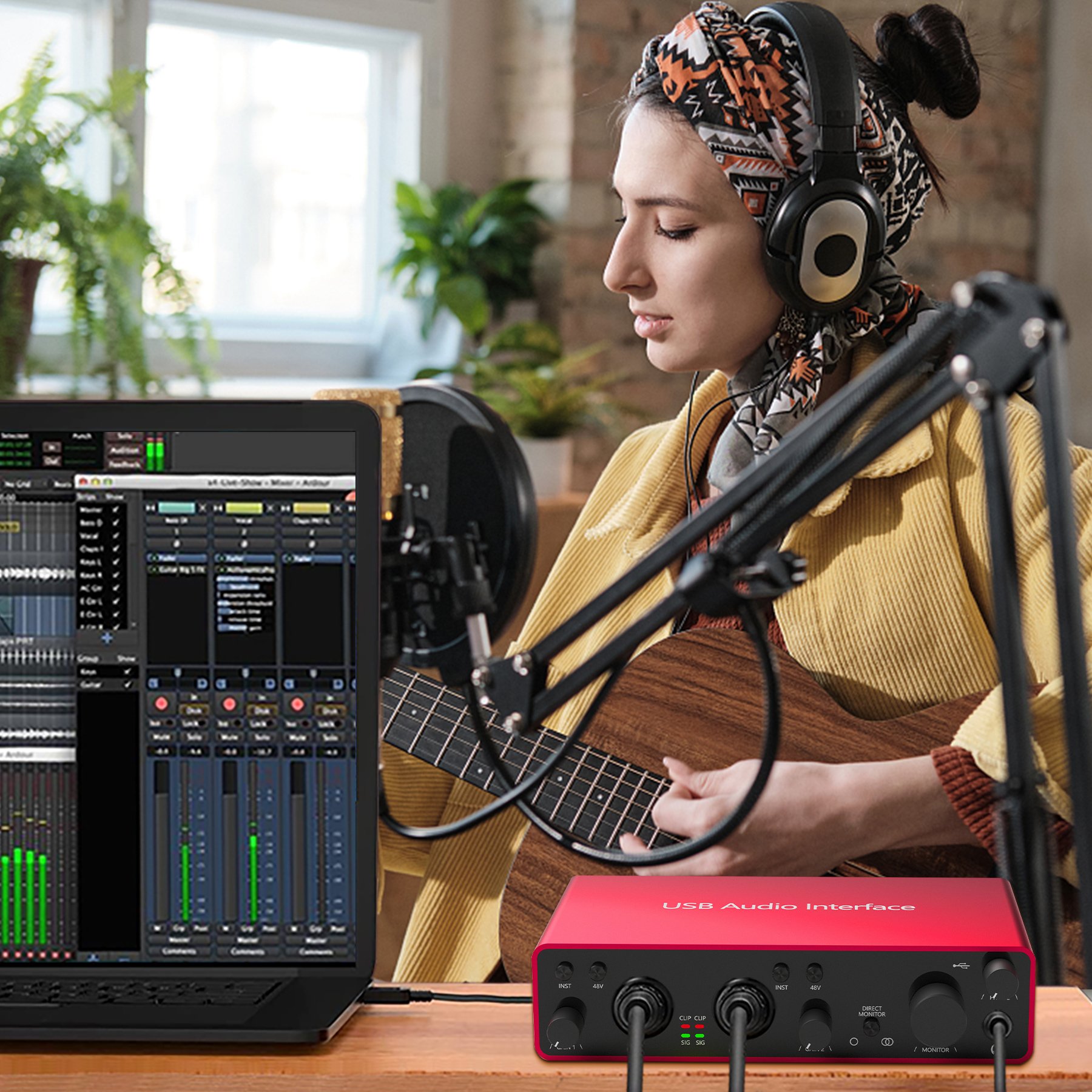 Professional XLR Condenser Studio Microphone Bundle w/ Monitor Headphone USB Audio Interface Sound Card Kit Podcast Recording