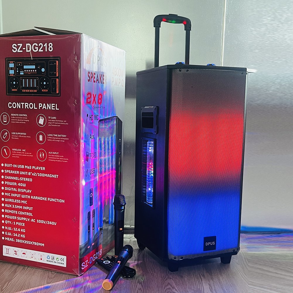 SZ-DG218 8 inch wireless blue-tooth super bass karaoke speakers with mic RGB light active woofer trolley outdoor party speakers