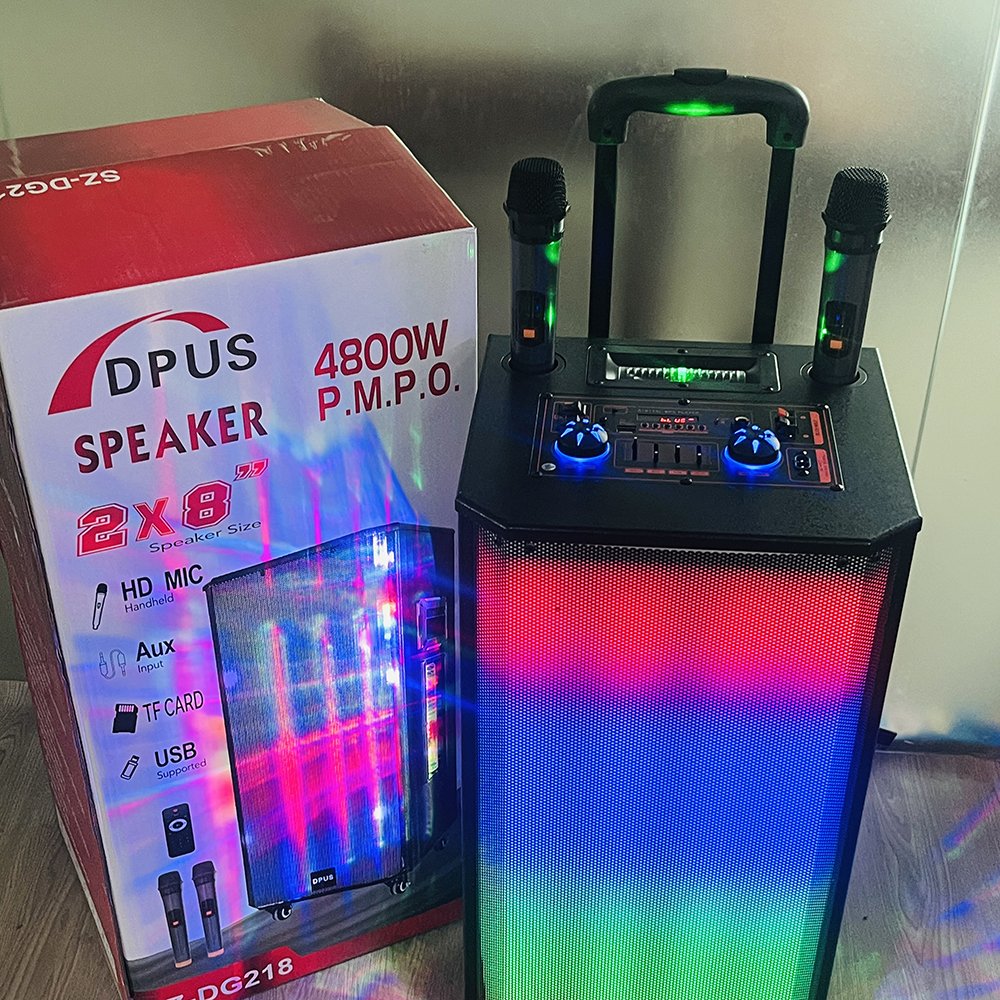 SZ-DG218 8 inch wireless blue-tooth super bass karaoke speakers with mic RGB light active woofer trolley outdoor party speakers