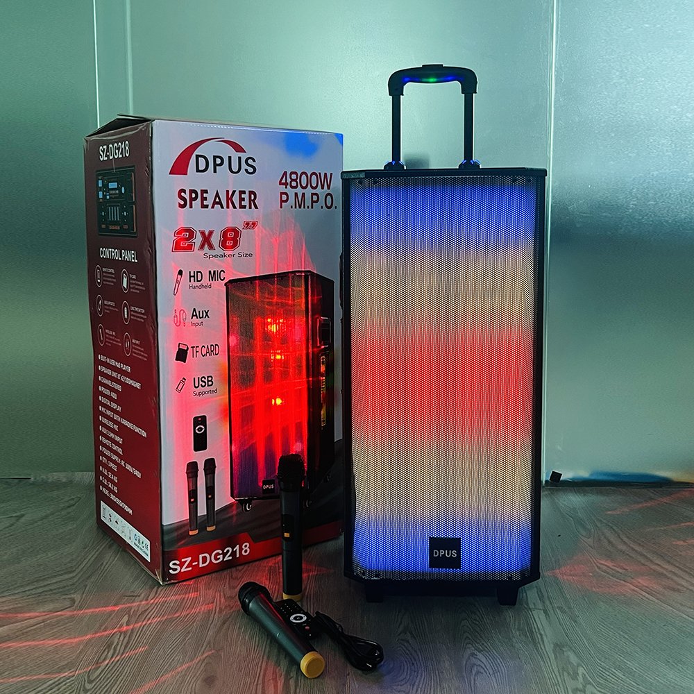 SZ-DG218 8 inch wireless blue-tooth super bass karaoke speakers with mic RGB light active woofer trolley outdoor party speakers