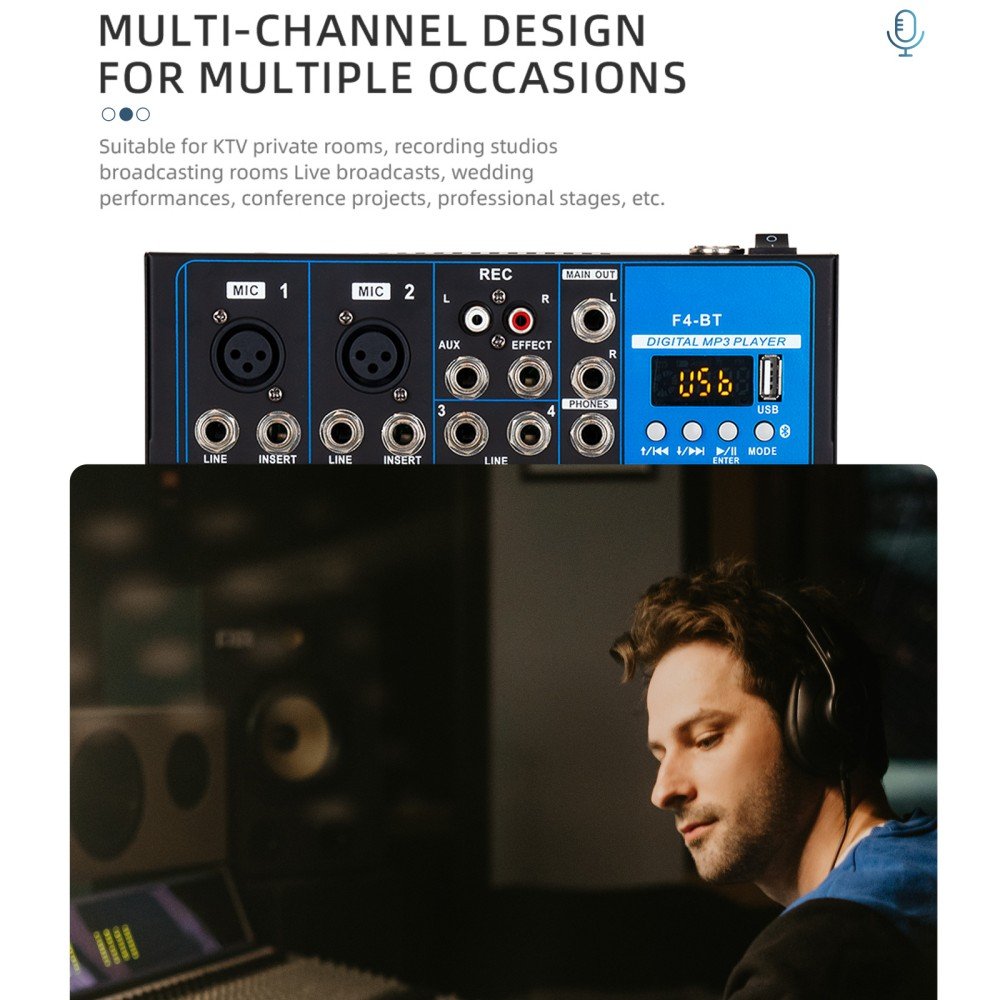 Professional Bluetooth Mixer, DJ Controller/Audio Console Mixer with USB Interface for Home Karaoke Stage, Stereo, 4 Channel, F4