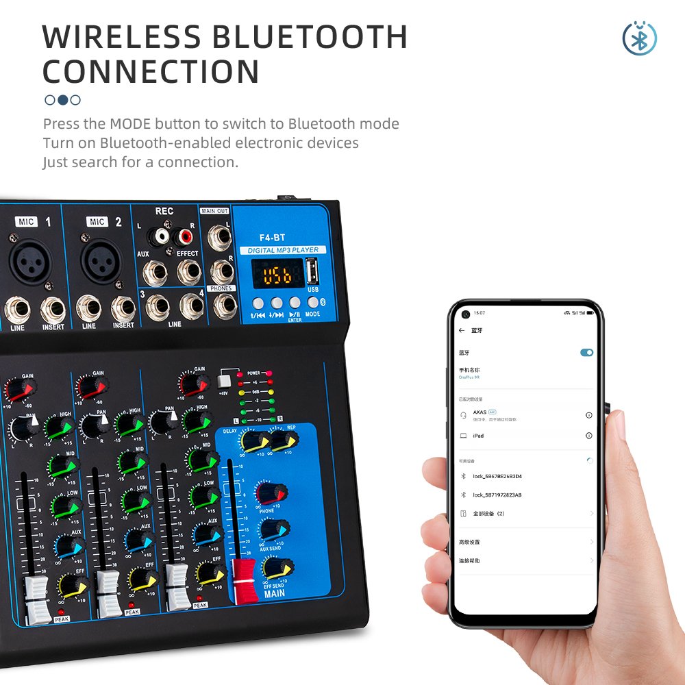 Professional Bluetooth Mixer, DJ Controller/Audio Console Mixer with USB Interface for Home Karaoke Stage, Stereo, 4 Channel, F4