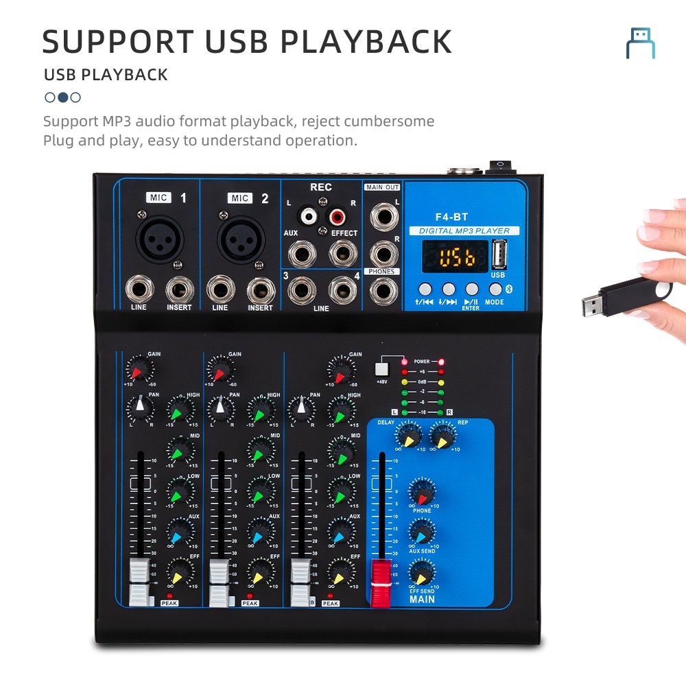Professional Bluetooth Mixer, DJ Controller/Audio Console Mixer with USB Interface for Home Karaoke Stage, Stereo, 4 Channel, F4