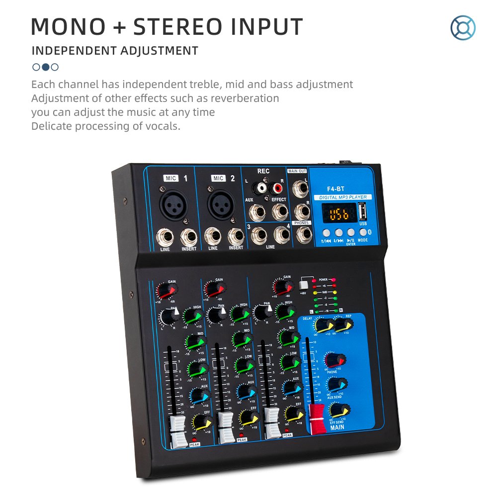 Professional Bluetooth Mixer, DJ Controller/Audio Console Mixer with USB Interface for Home Karaoke Stage, Stereo, 4 Channel, F4