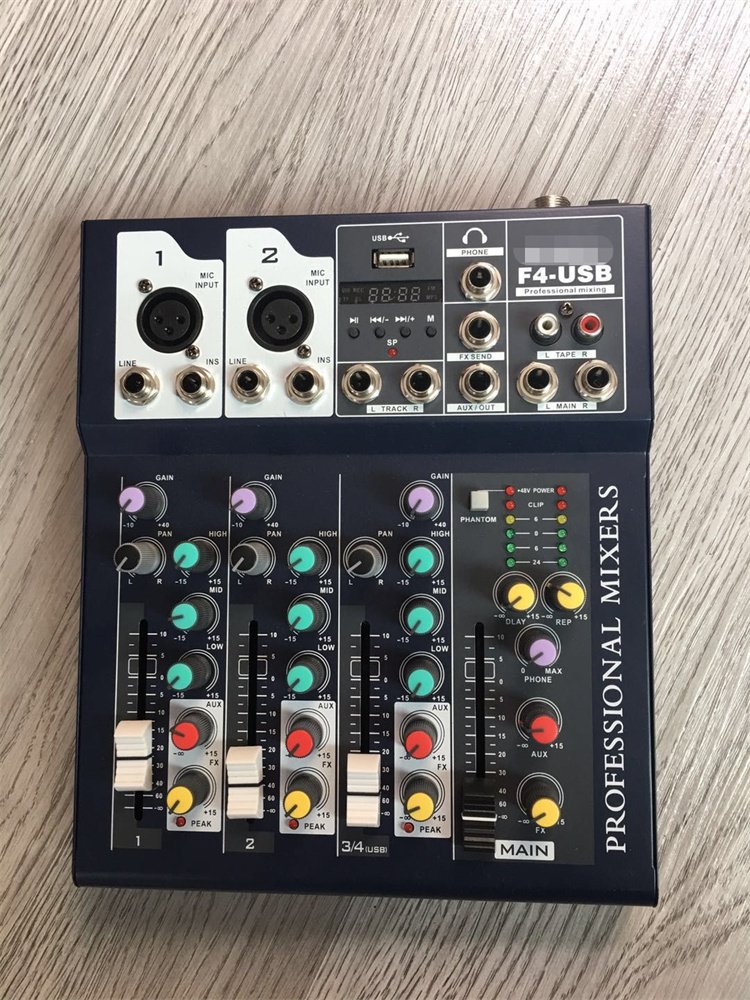 F4 Professional 4 Channel Audio Stereo Mixer with Digital Sound Card DJ Audio Mixer for Family KTV Stage Equipment